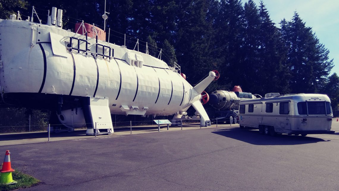 Avion travel trailer parked by submarine Triest